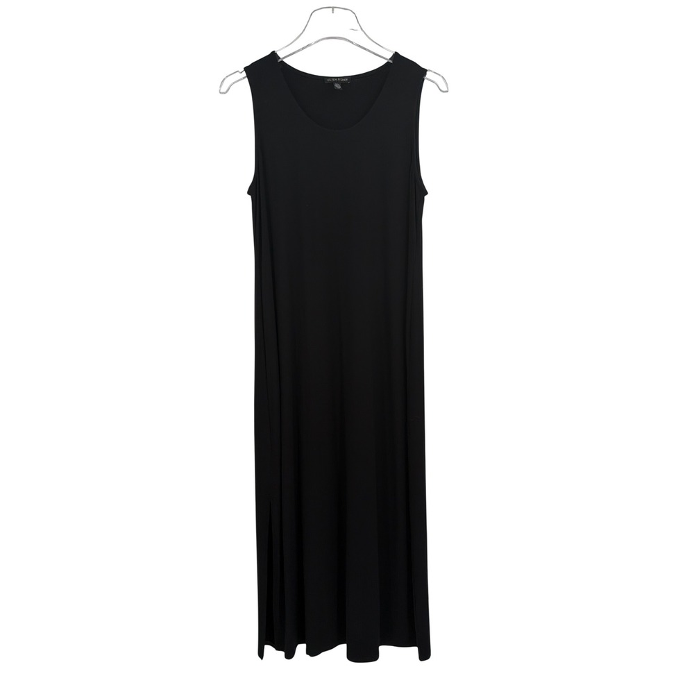 Eileen Fisher Black Sleeveless Viscose Jersey Midi Dress Small S/P Side Slits - Picture 2 of 5
